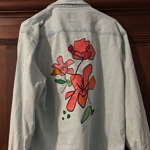 Mens Zara snap relaxed denim shirt jacket floral back XL